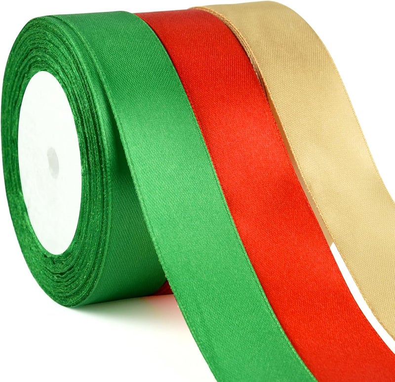 ASTARON Satin Ribbon for Christmas Crafts, 1 Inch, Red, Green, Gold Solid Color, DIY Hair Bows, Silk Ribbon for Gift Wrapping, Bouquets, Decorations - Image 1